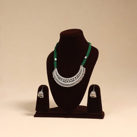 Green - german silver thread braided necklace set 03