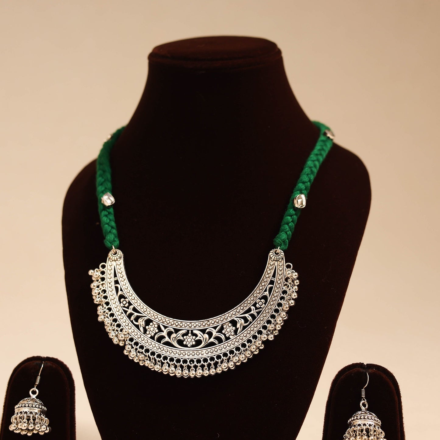 Green - german silver thread braided necklace set 03