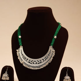 Green - german silver thread braided necklace set 03