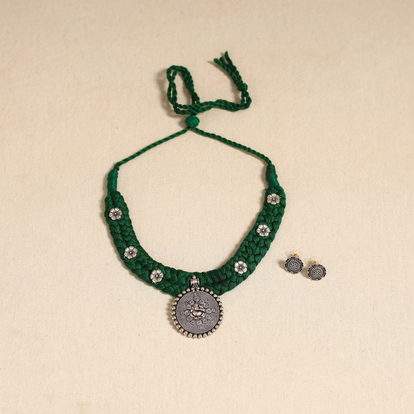 Green - german silver thread braided necklace set 38