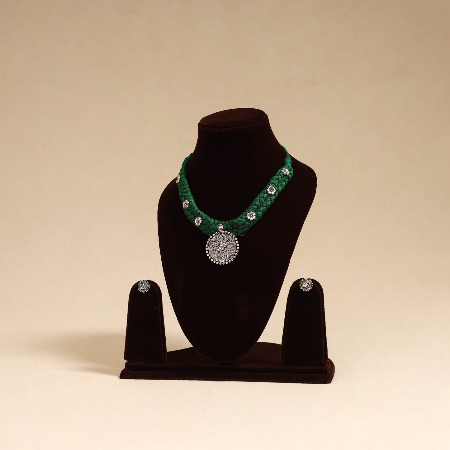 Green - german silver thread braided necklace set 38