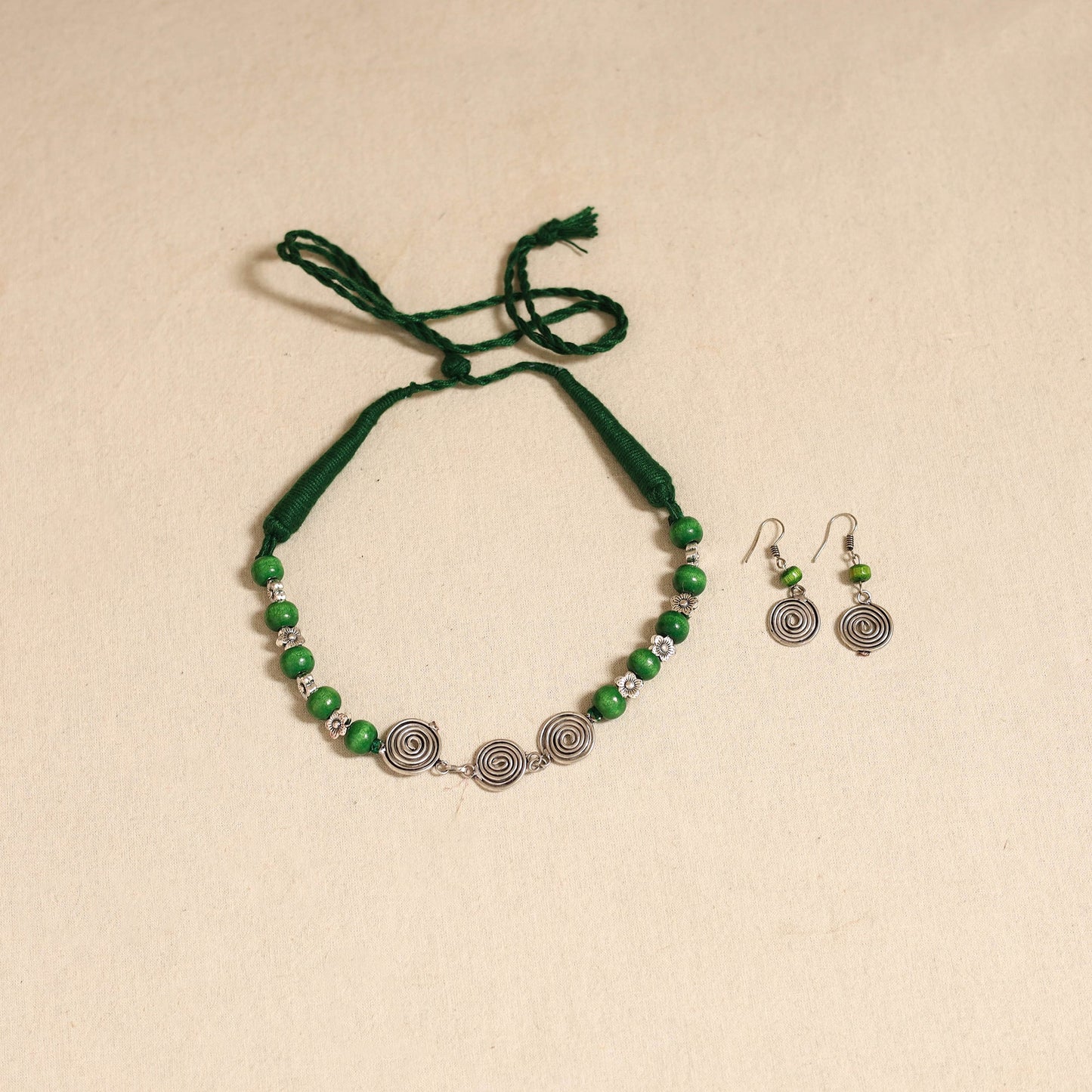 Green - german silver wooden beads necklace set 14