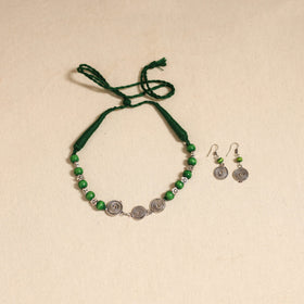 Green - german silver wooden beads necklace set 14