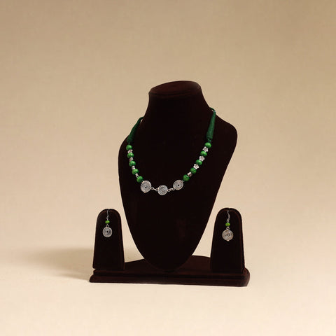 Green - german silver wooden beads necklace set 14
