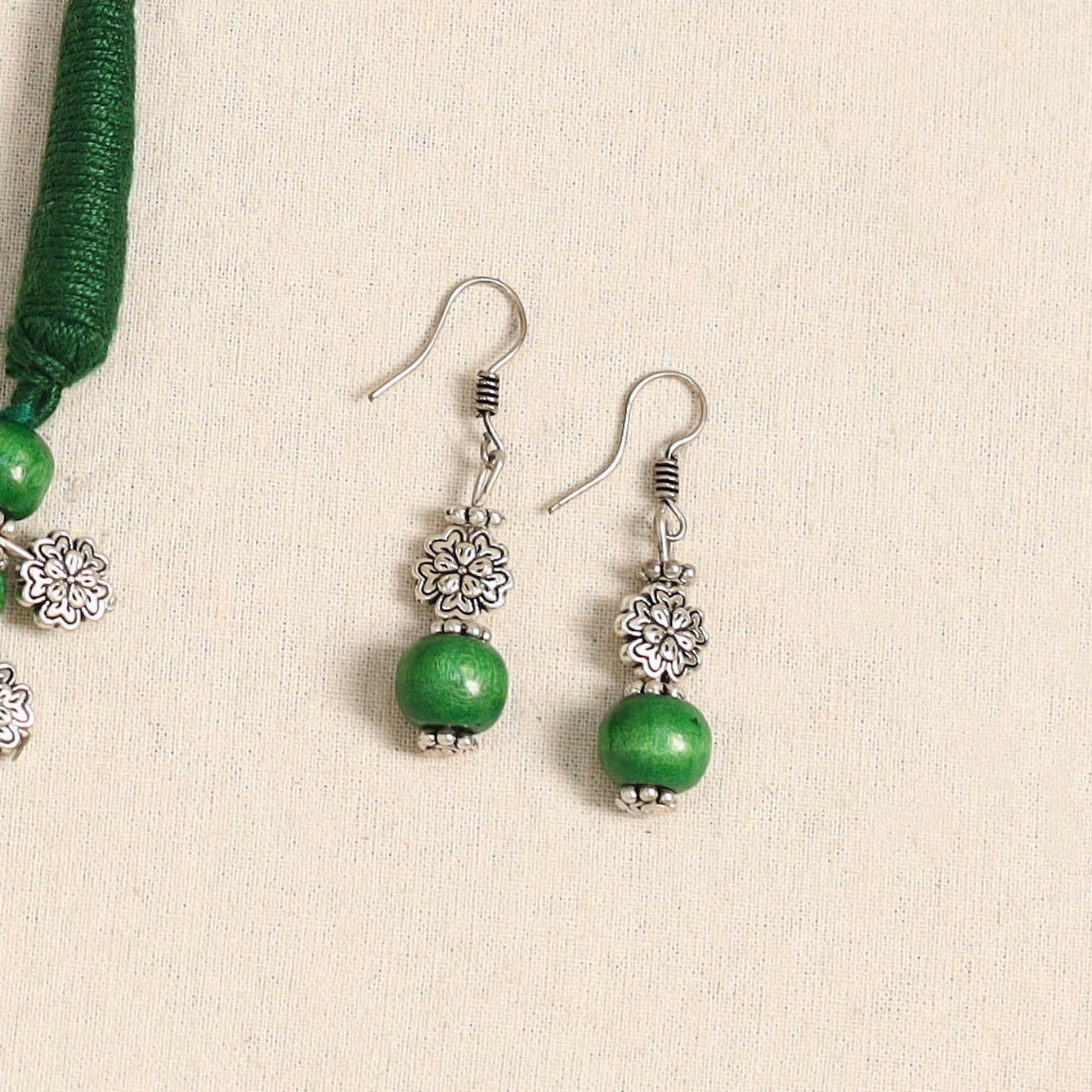 Green - german silver wooden beads necklace set 41