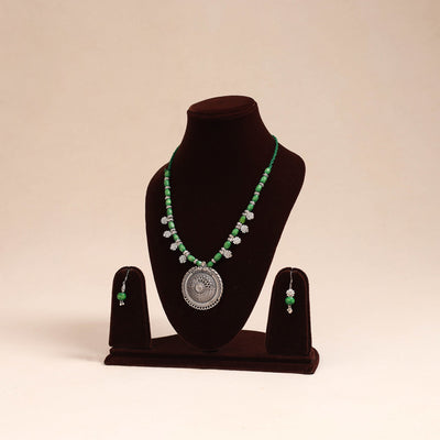 Green - german silver wooden beads necklace set 62