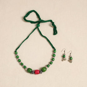 Green - german silver wooden beads necklace set 75
