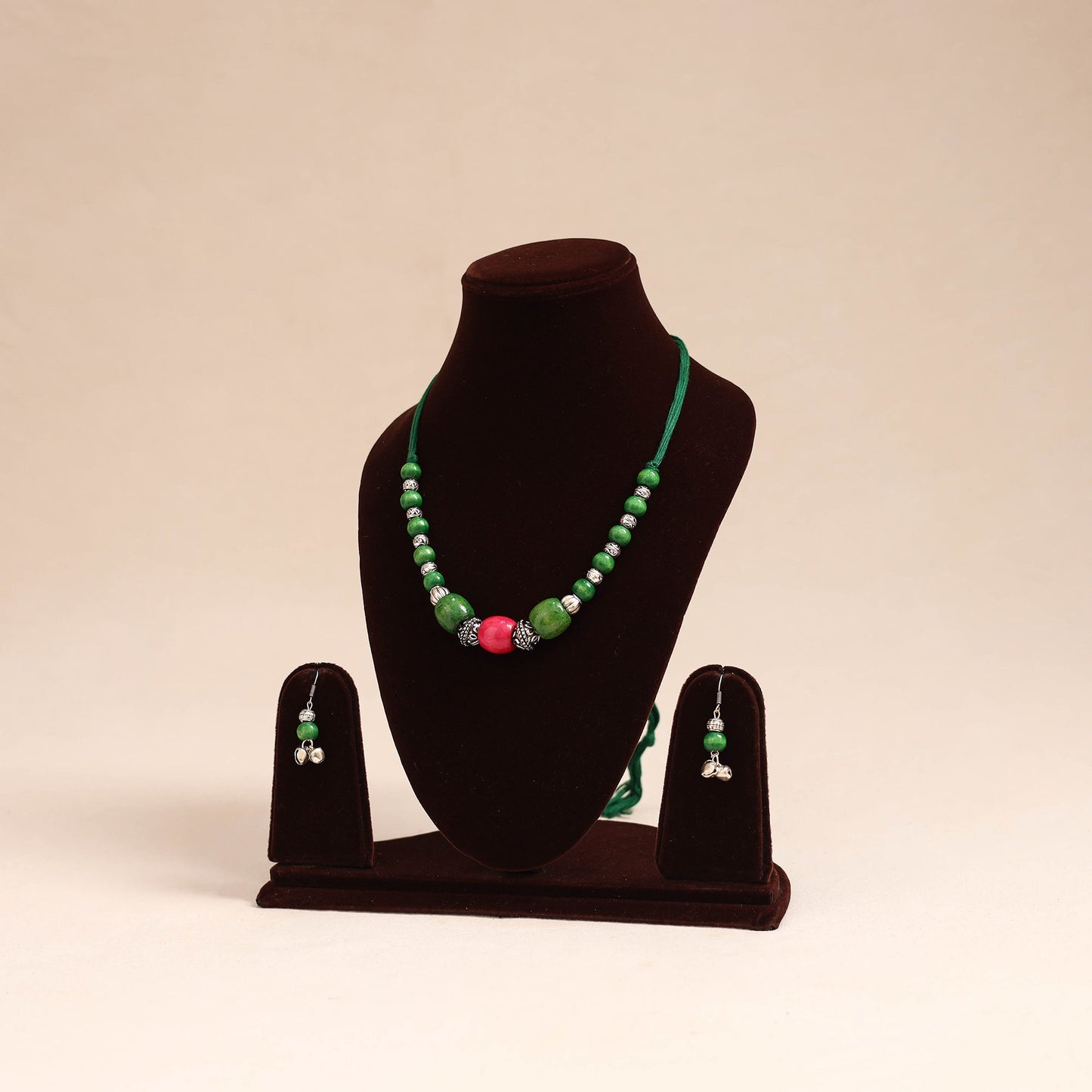 Green - german silver wooden beads necklace set 75