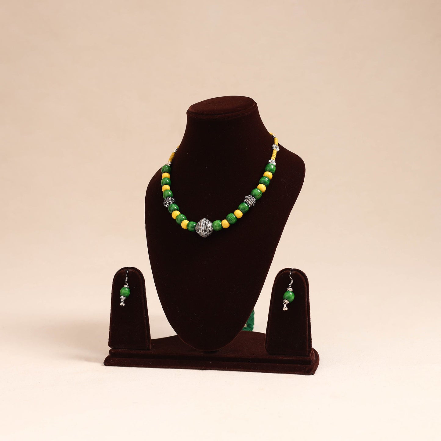 Green - german silver wooden beads necklace set 77