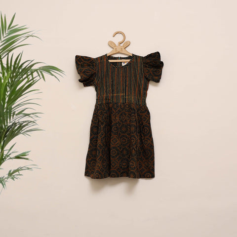 Green - girls pure cotton ajrakh hand block print frock