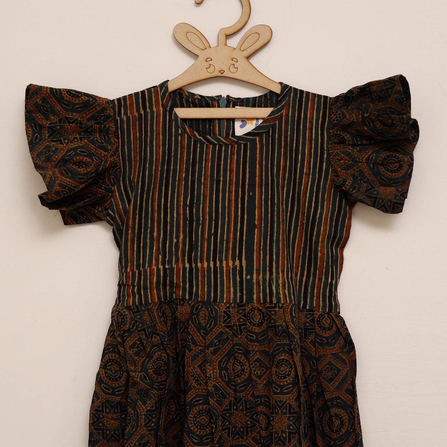 Green - girls pure cotton ajrakh hand block print frock