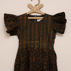 Green - girls pure cotton ajrakh hand block print frock