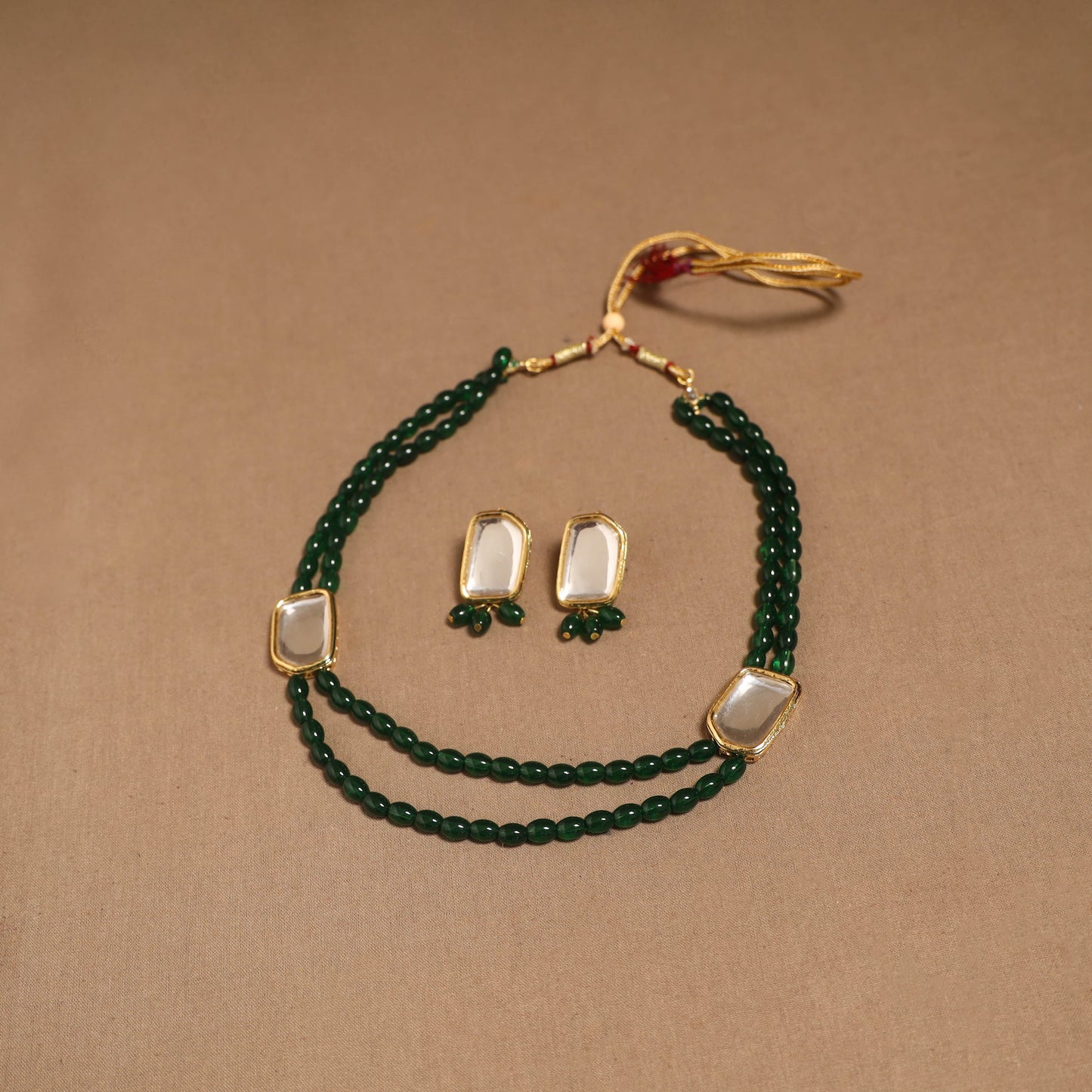 Glass beads kundan work necklace set 62 - handcrafted