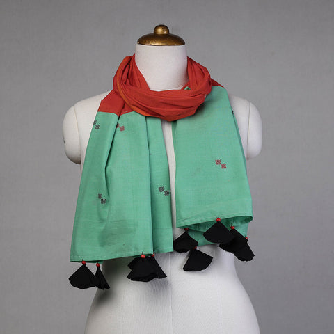 Green - Godavari Jamdani Buti Patchwork Cotton Stole with Tassels