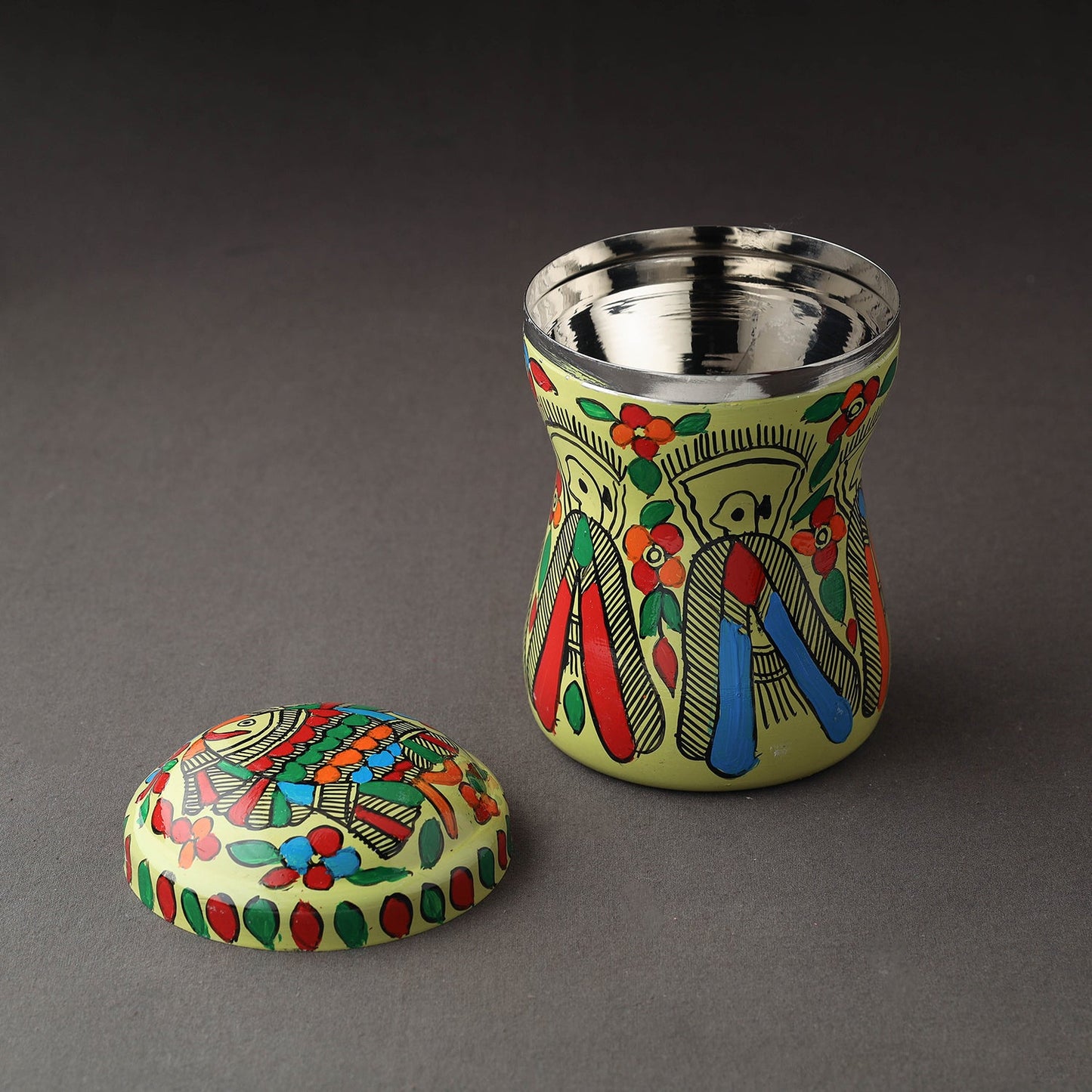 Green Bengal Patua Handpainted Stainless Steel Multi Utility Canister