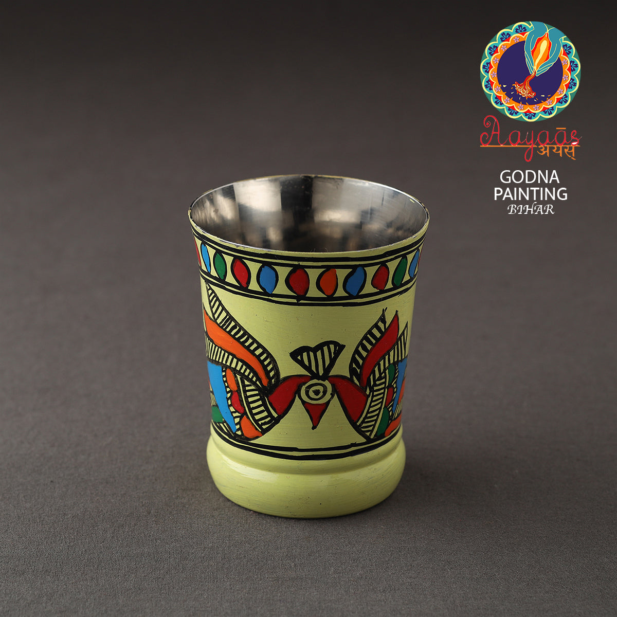 Godna Madhubani Green Handpainted Stainless Steel Glass