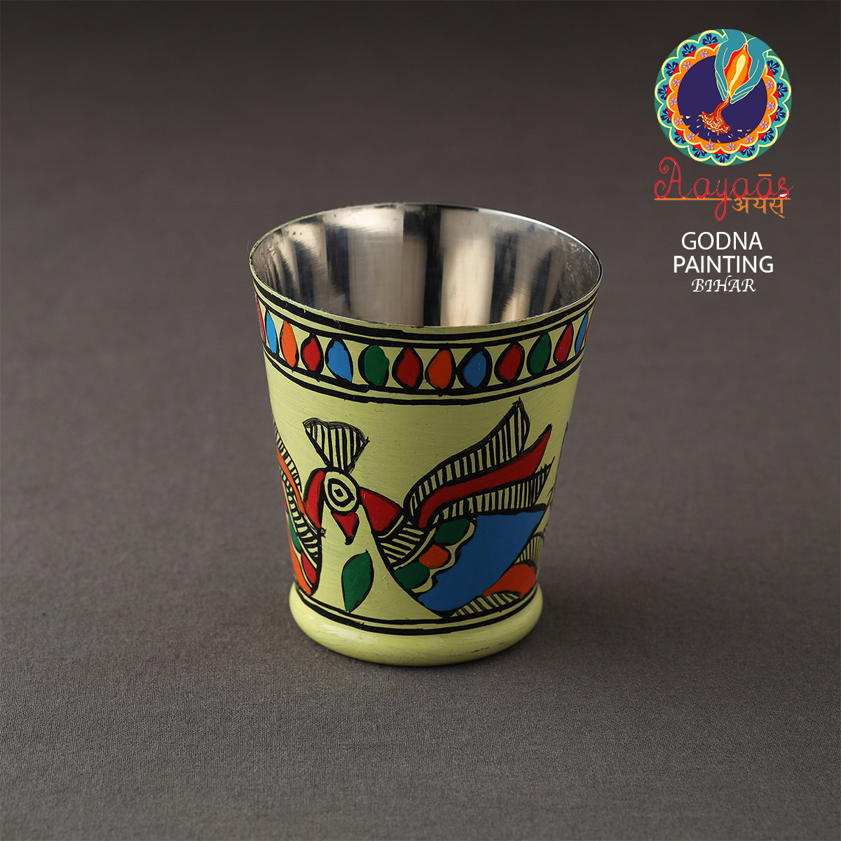 Godna Madhubani Green Handpainted Stainless Steel Glass