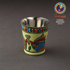 Godna Madhubani Green Handpainted Stainless Steel Glass