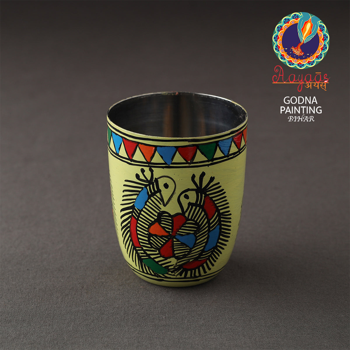 Godna Madhubani Green Handpainted Stainless Steel Glass