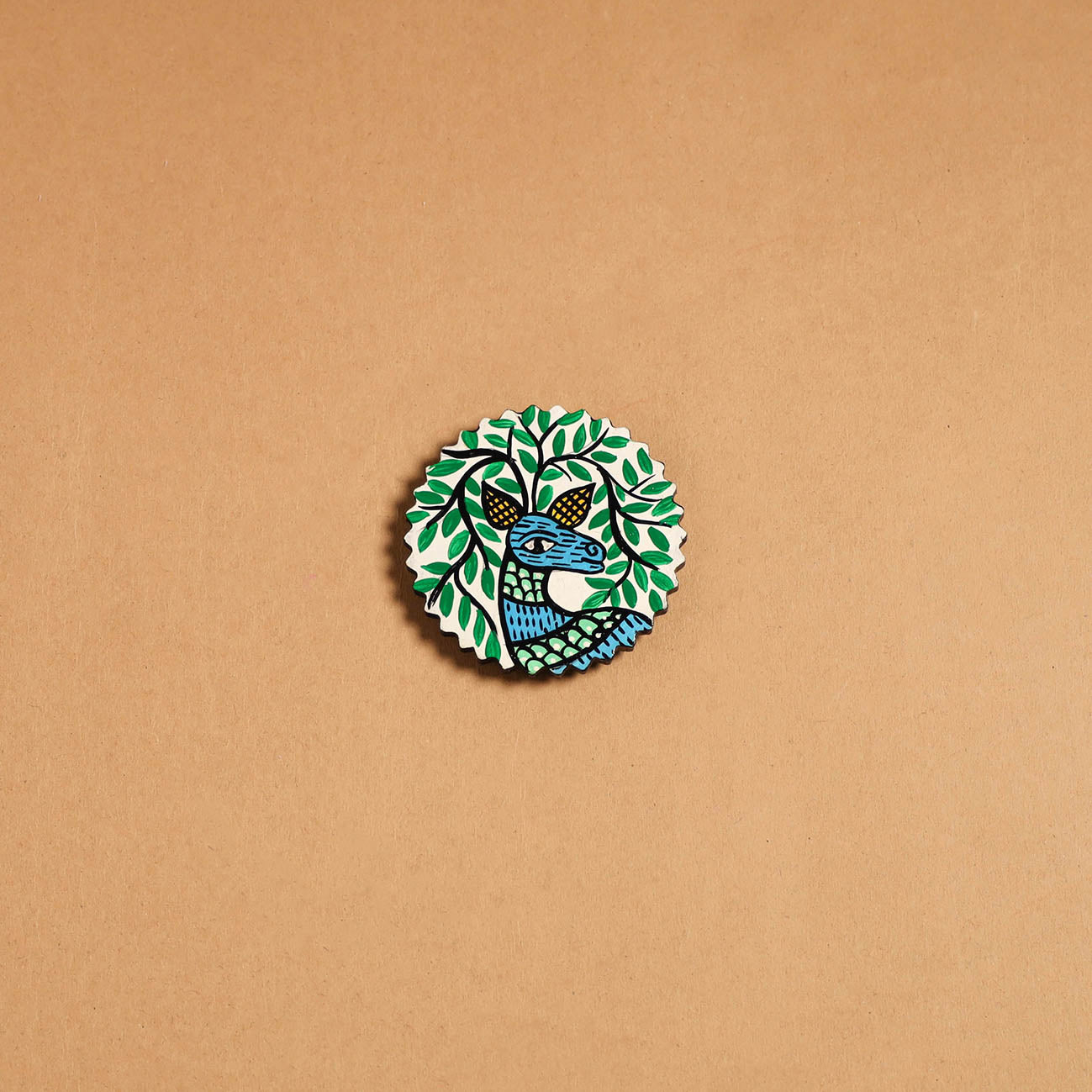 Green - gond handpainted wooden fridge magnet 30