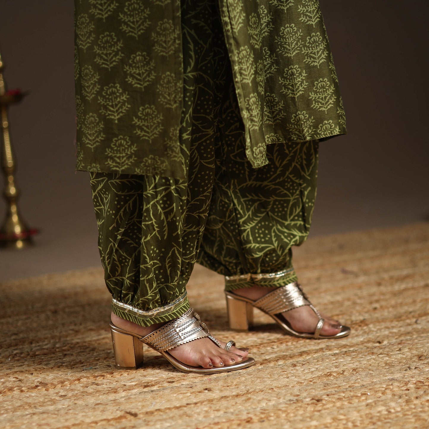 Green - gota work chanderi silk bagru kurta set (set of 3)