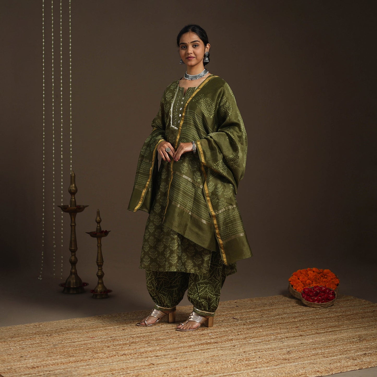 Green - gota work chanderi silk bagru kurta set (set of 3)