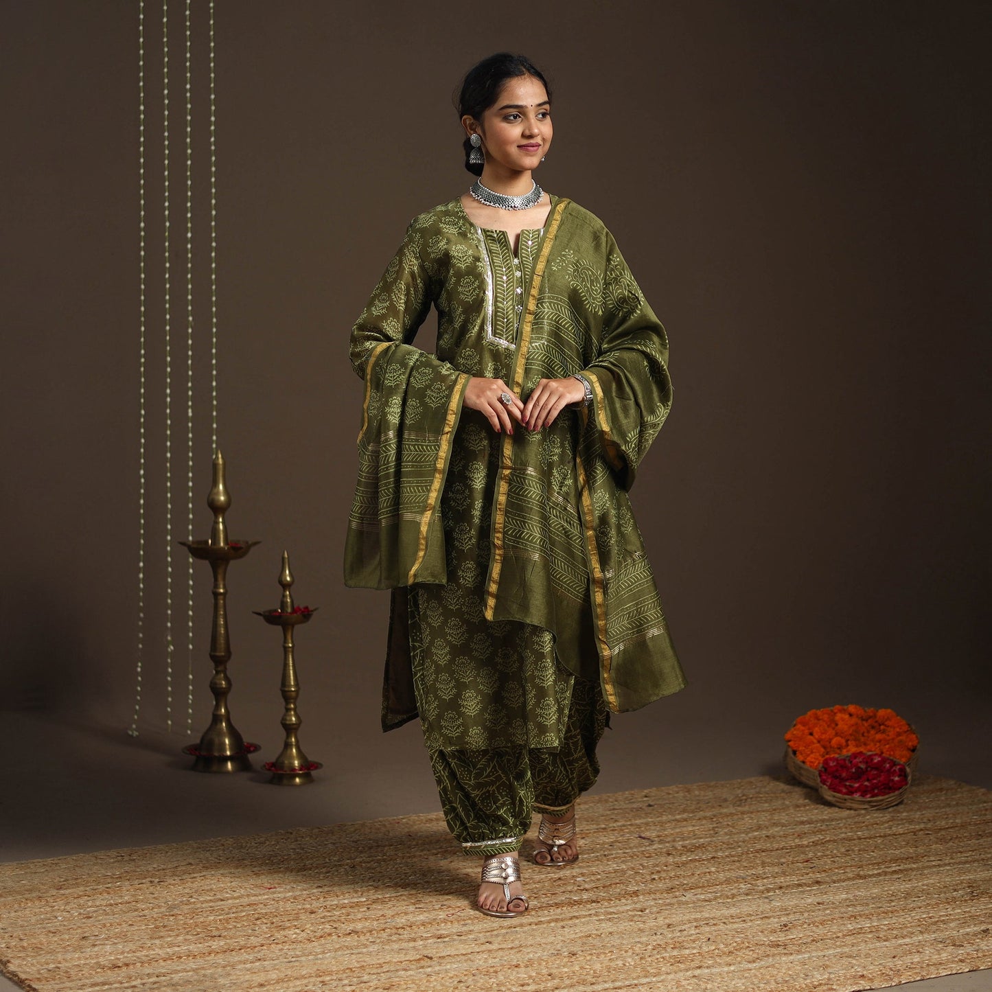 Green - gota work chanderi silk bagru kurta set (set of 3)