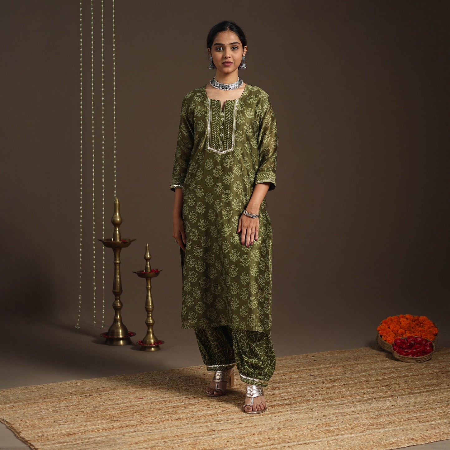 Green - gota work chanderi silk bagru kurta set (set of 3)