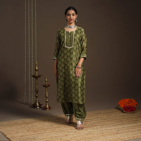 Green - gota work chanderi silk bagru kurta set (set of 3)