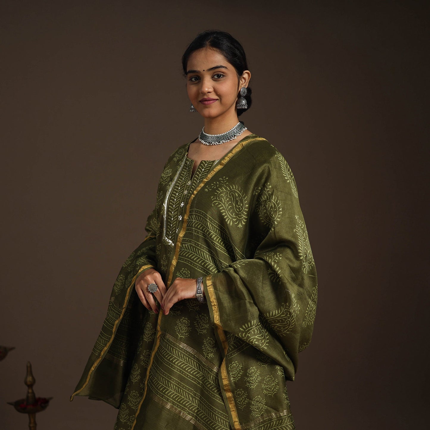 Green - gota work chanderi silk bagru kurta set (set of 3)