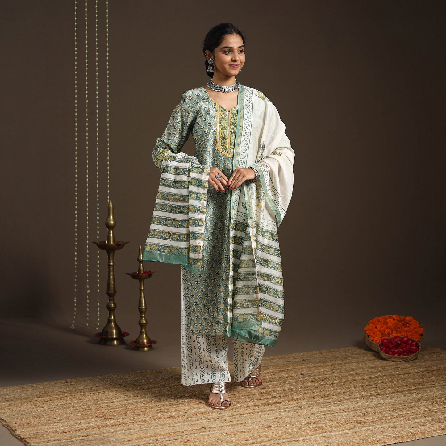 Green - gota work chanderi silk sanganeri kurta set (set