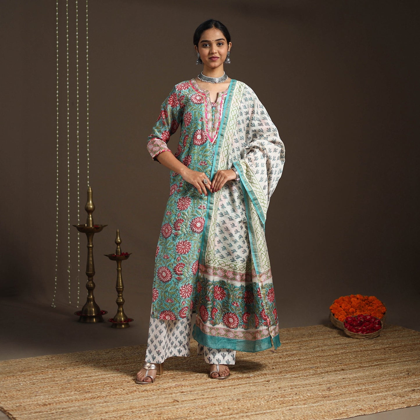 Green - gota work chanderi silk sanganeri kurta set (set