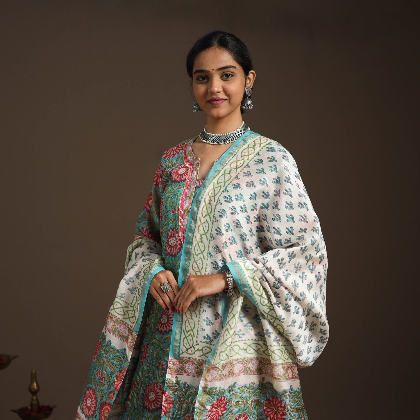 Green - gota work chanderi silk sanganeri kurta set (set