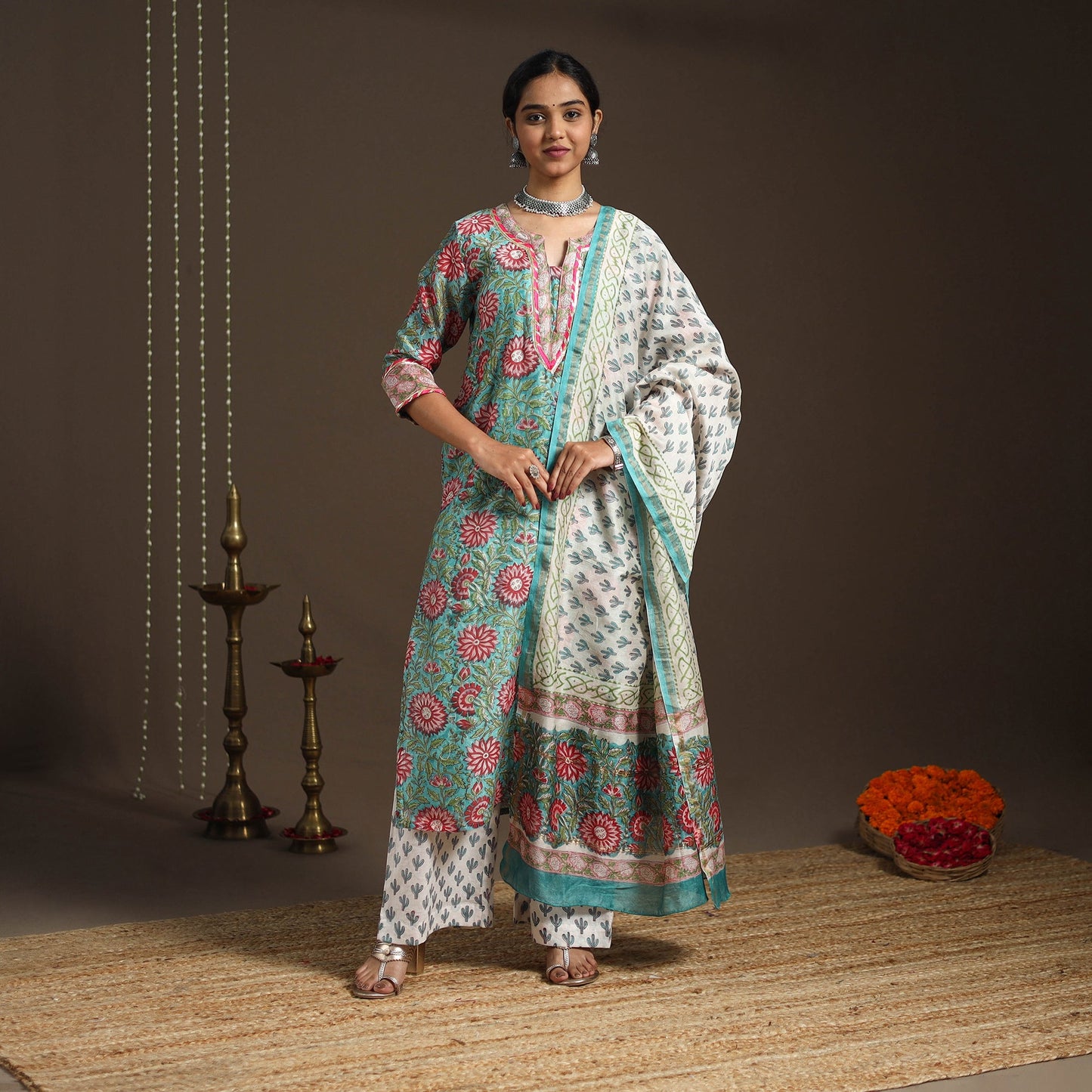 Green - gota work chanderi silk sanganeri kurta set (set