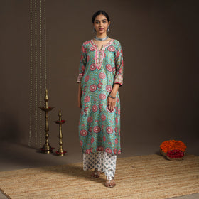 Green - gota work chanderi silk sanganeri kurta set (set