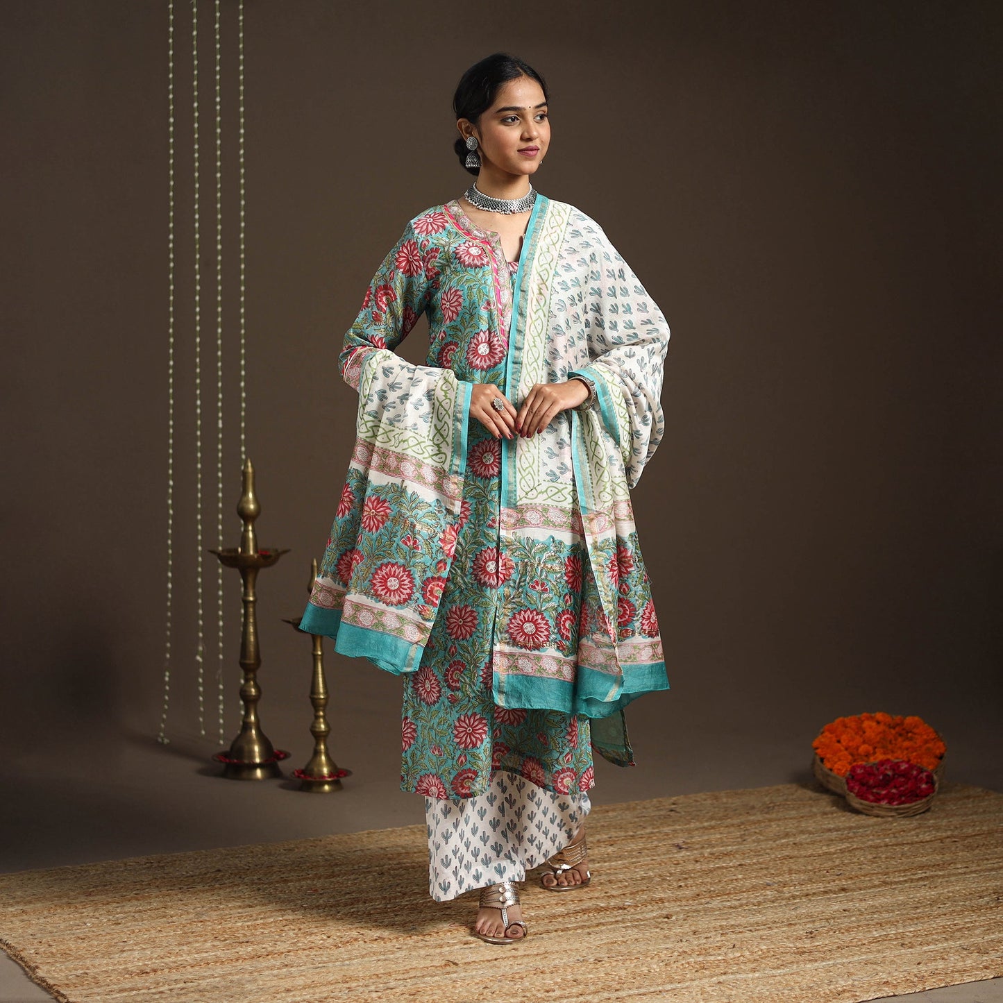 Green - gota work chanderi silk sanganeri kurta set (set