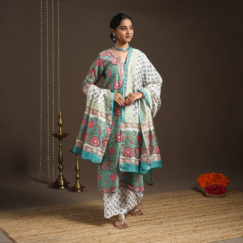 Green - gota work chanderi silk sanganeri kurta set (set