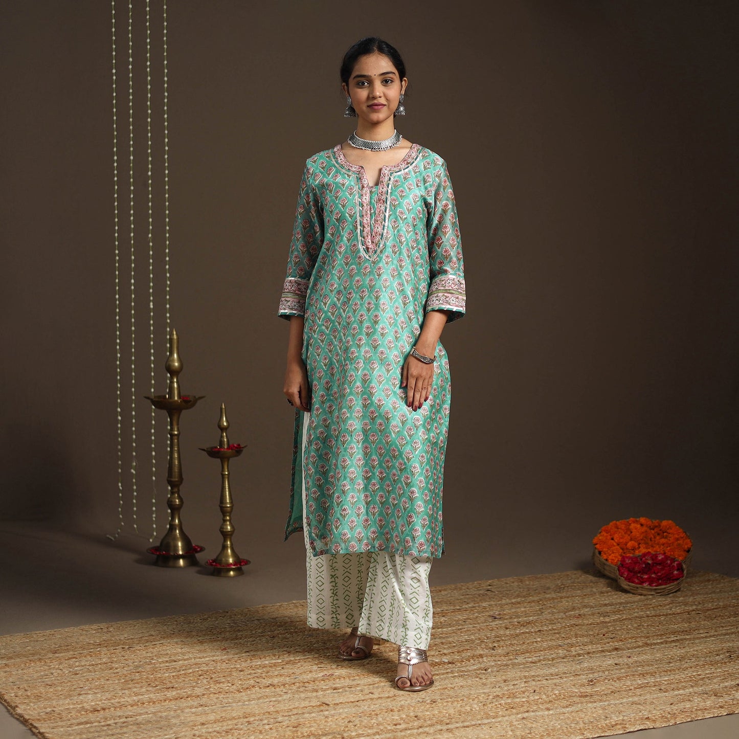 Green - gota work chanderi silk sanganeri kurta set (set