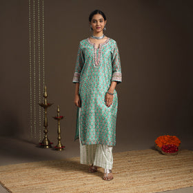 Green - gota work chanderi silk sanganeri kurta set (set