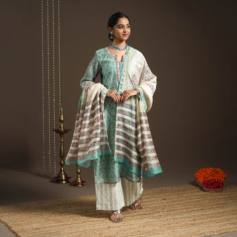 Green - gota work chanderi silk sanganeri kurta set (set