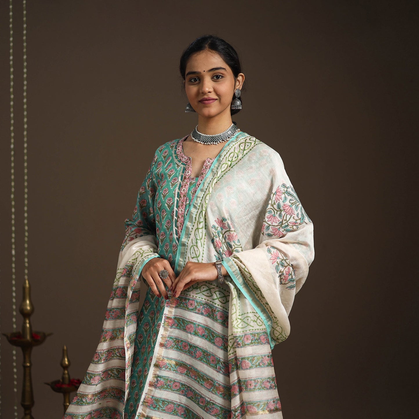 Green - gota work chanderi silk sanganeri kurta set (set