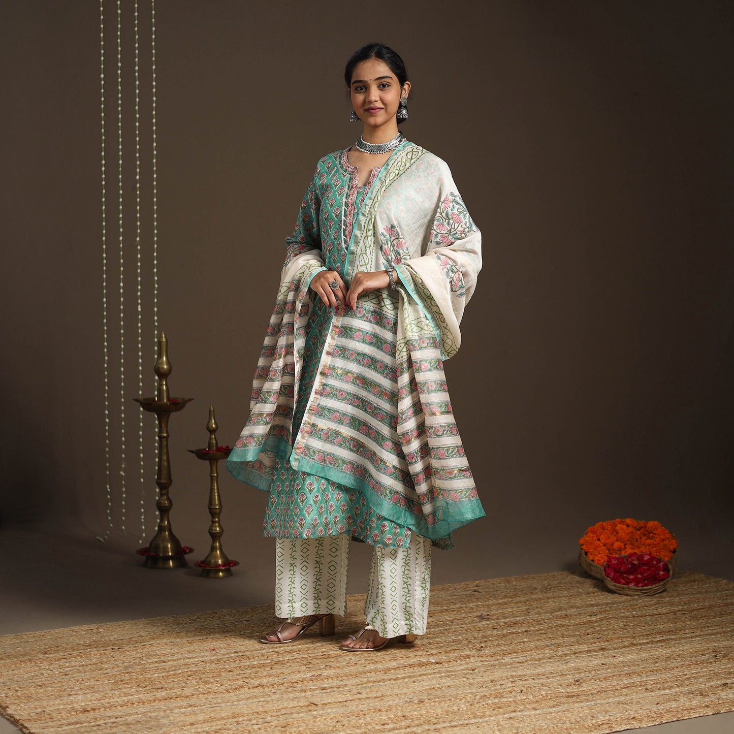 Green - gota work chanderi silk sanganeri kurta set (set