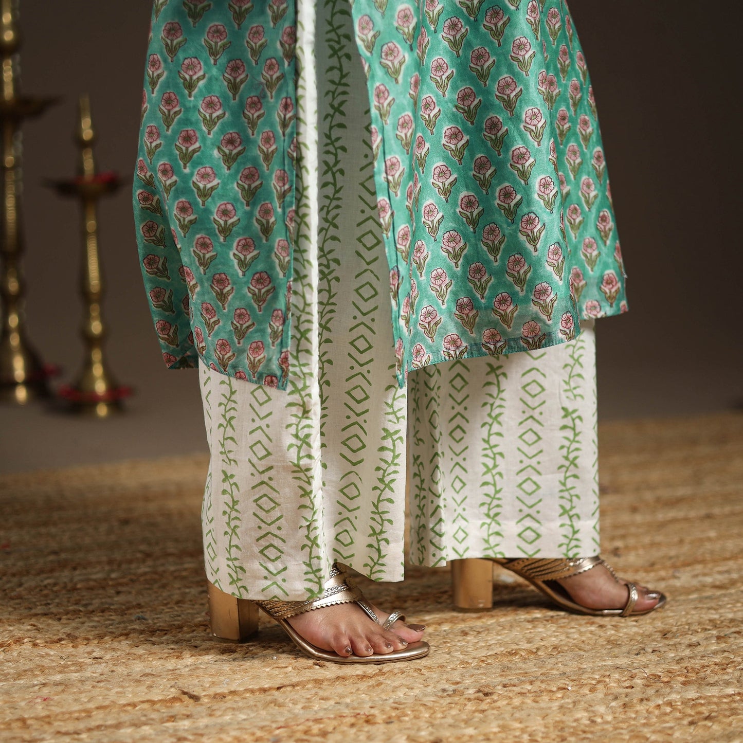 Green - gota work chanderi silk sanganeri kurta set (set