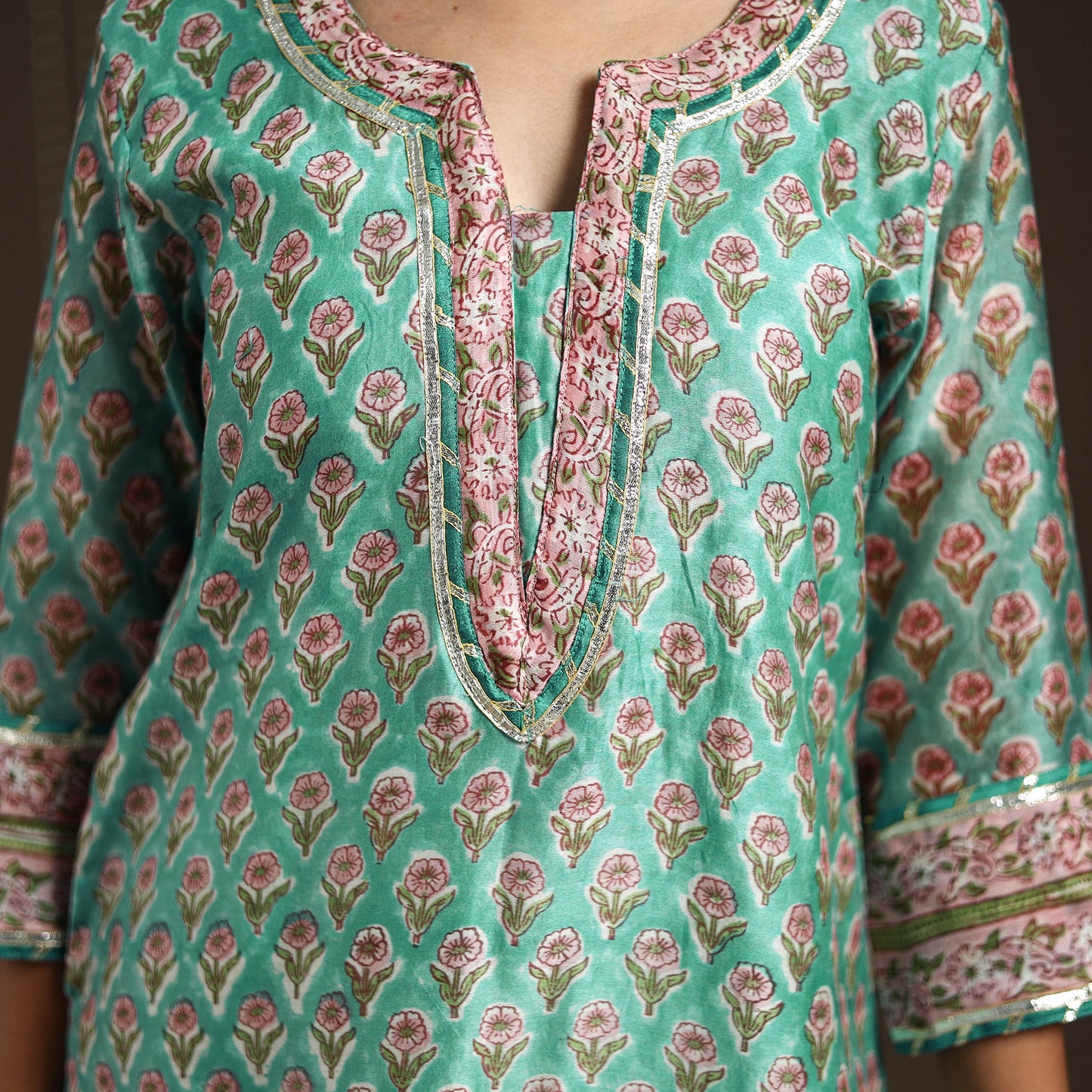 Green - gota work chanderi silk sanganeri kurta set (set