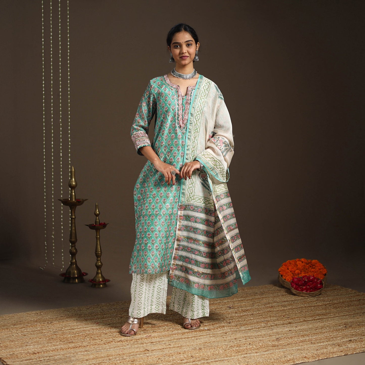 Green - gota work chanderi silk sanganeri kurta set (set