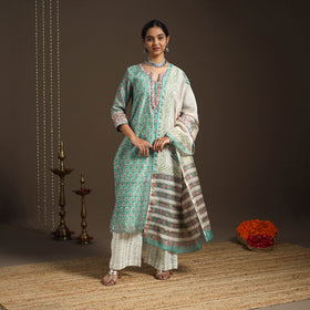 Green - gota work chanderi silk sanganeri kurta set (set