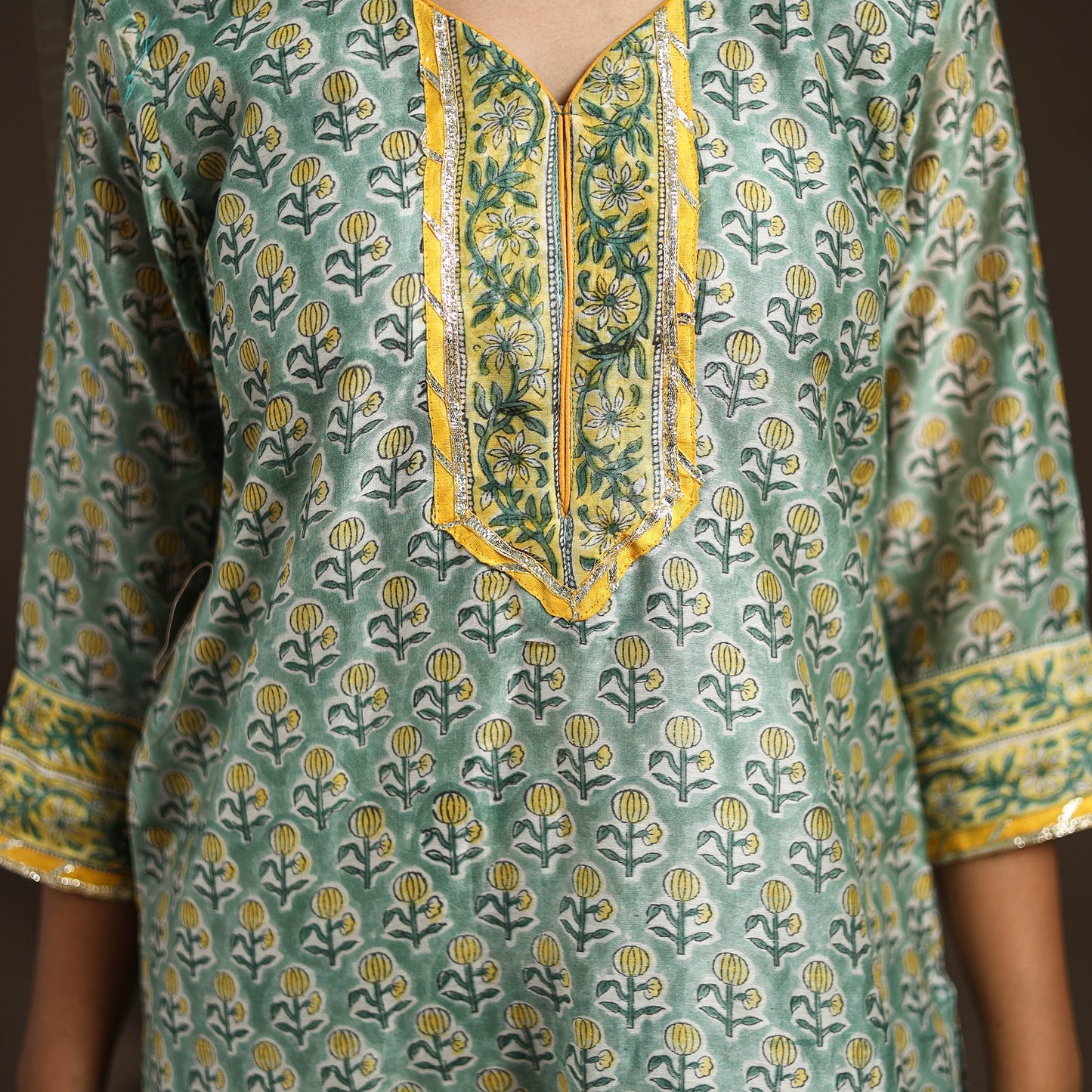 Green - gota work chanderi silk sanganeri kurta set (set