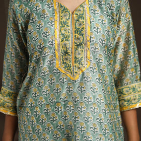 Green - gota work chanderi silk sanganeri kurta set (set