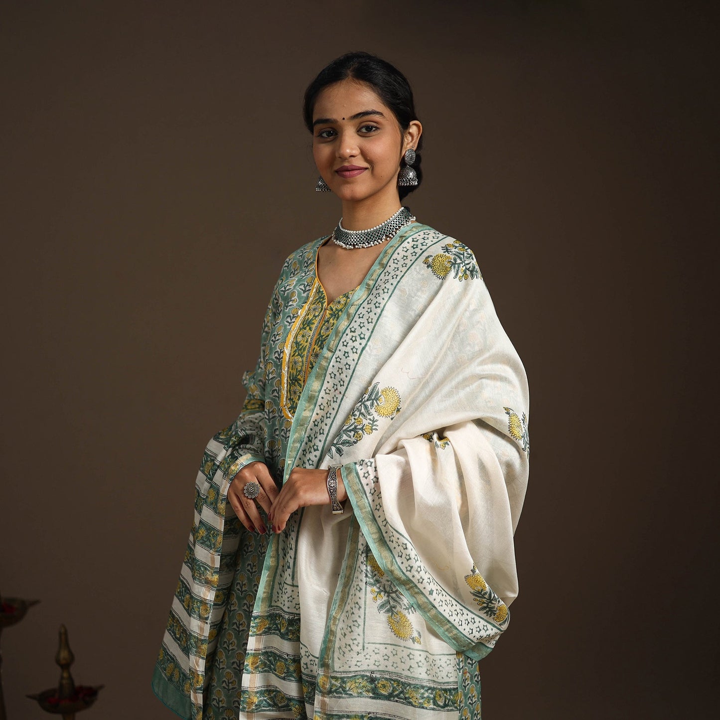 Green - gota work chanderi silk sanganeri kurta set (set