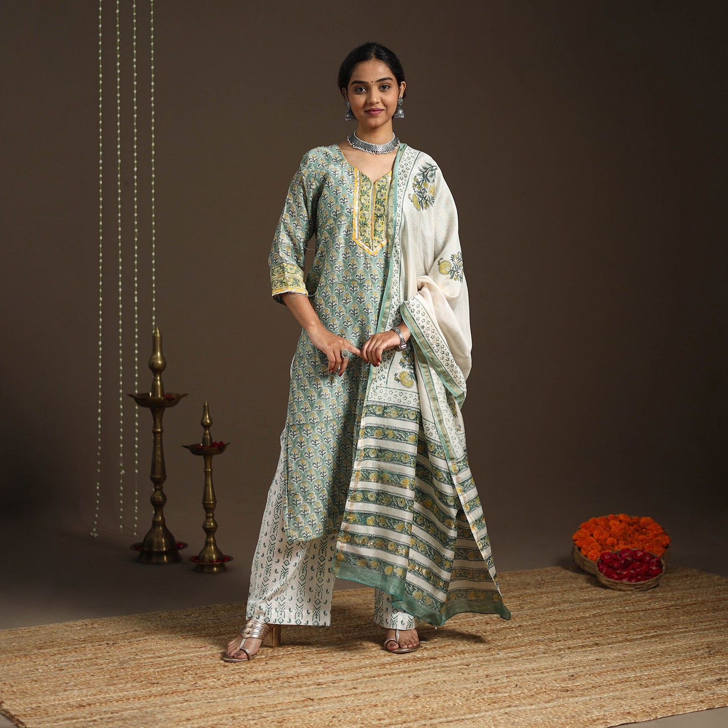 Green - gota work chanderi silk sanganeri kurta set (set